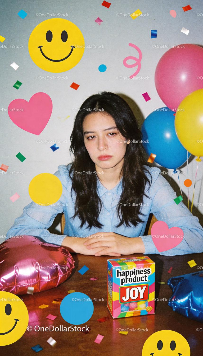 Young woman surrounded by colorful balloons and confetti