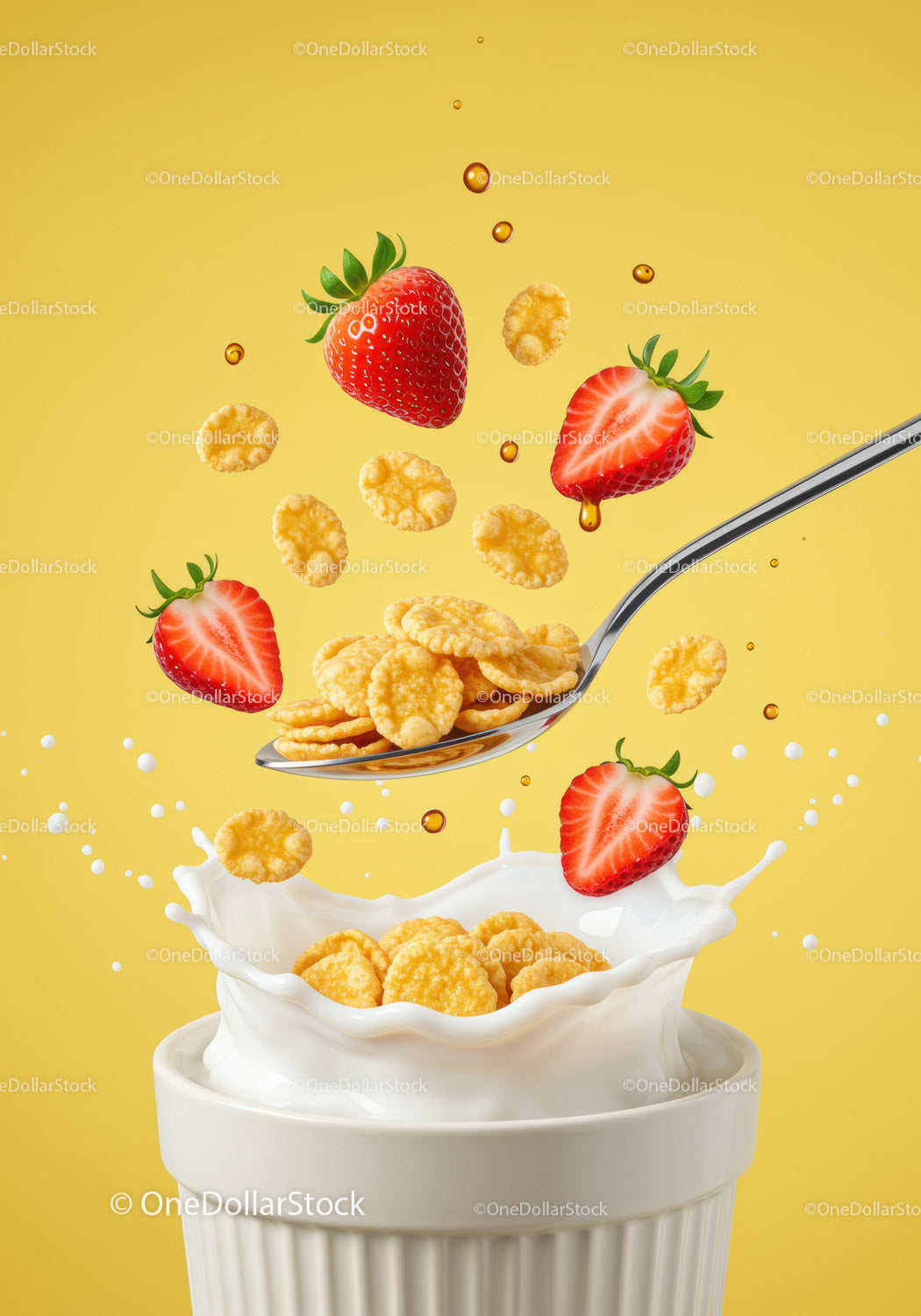 Fresh strawberries and cereal splash with milk