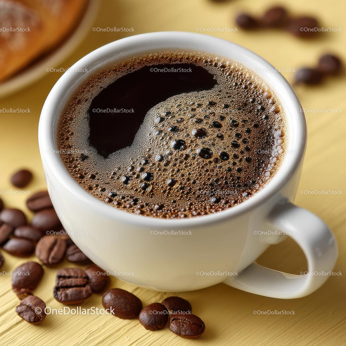 Steaming Coffee Cup with Roasted Beans on Wooden Table