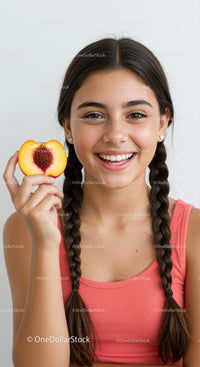 Happy Girl Enjoying Fresh Peach Slice with Bright Smile