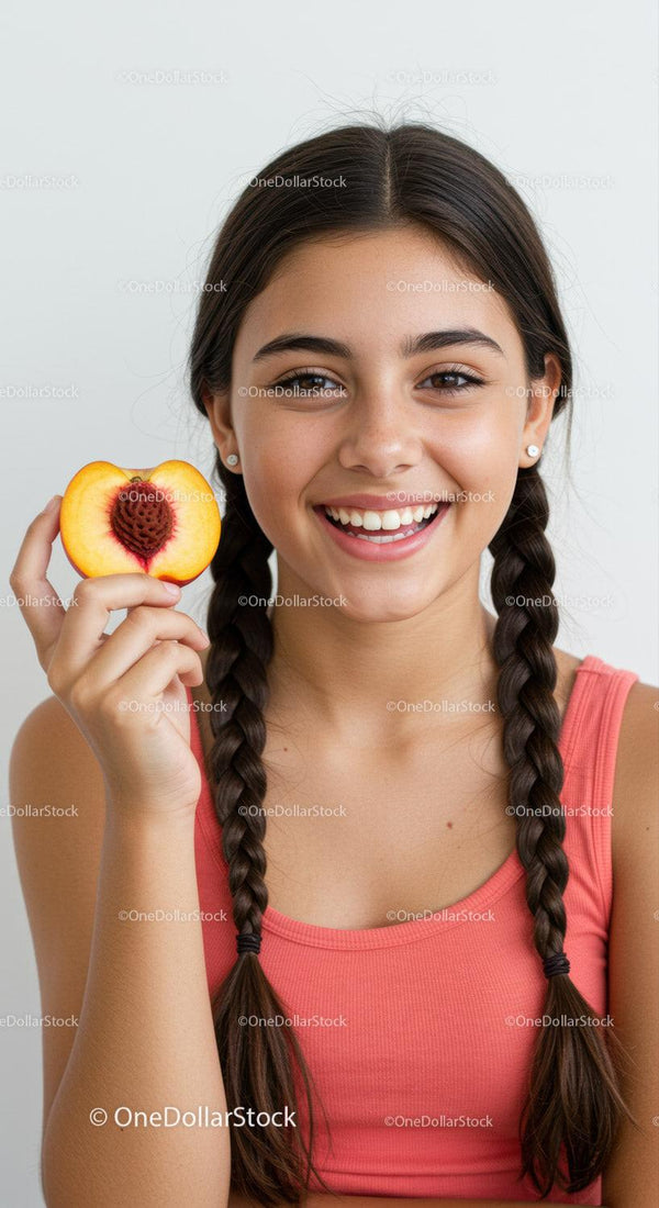 Happy Girl Enjoying Fresh Peach Slice with Bright Smile
