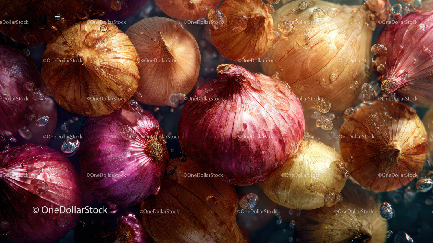 Close-up of Vibrant Red Onions with Water Droplets for Food Photography