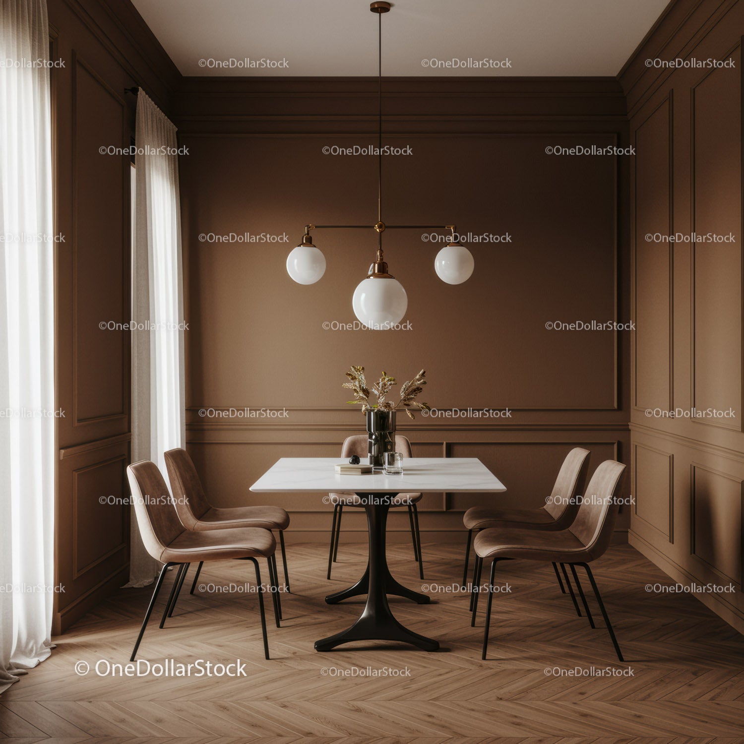 Elegant Modern Dining Room with Brown Wall Paneling and Wooden Floor