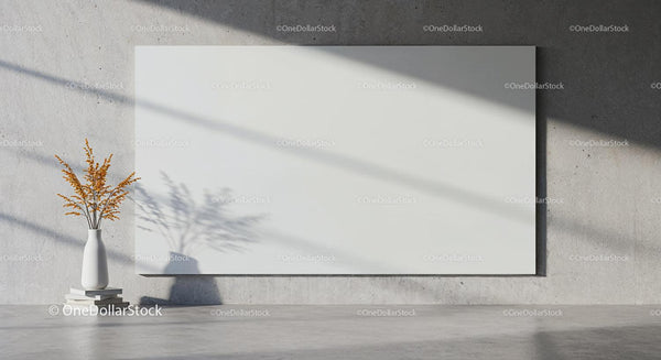 Minimalist interior with white vase and blank canvas JPG Mockup Image
