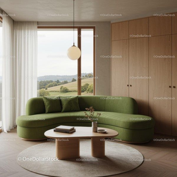 Cozy modern living room with green curved sofa