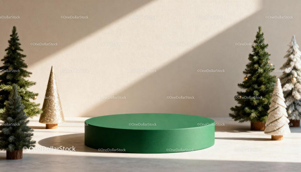 Minimalist Christmas display with green podium and decorations