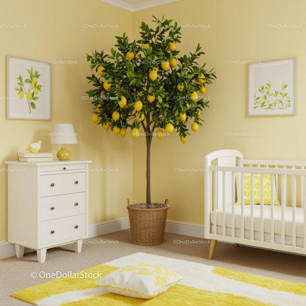 Lemon Tree in Stylish Modern Nursery with White Crib and Yellow Accents