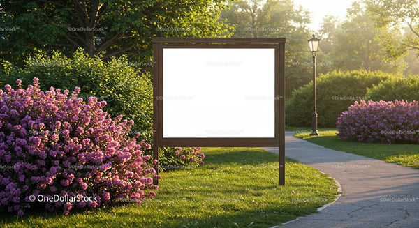 Wooden signboard amid blooming pink bushes in park JPG Mockup Image