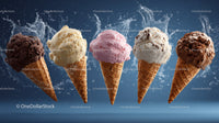 Colorful Ice Cream Cones with Splash Effect on Blue Background