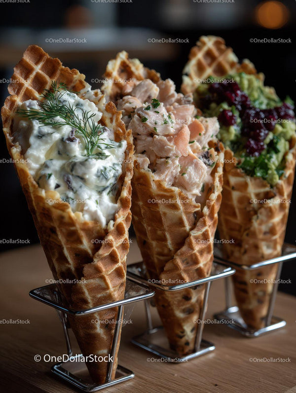 Assorted Waffle Cone Ice Creams with Fresh Toppings and Flavors