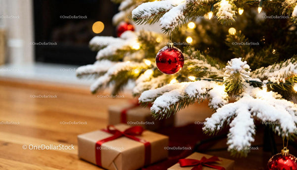 Snow-covered Christmas tree with glowing lights and gifts
