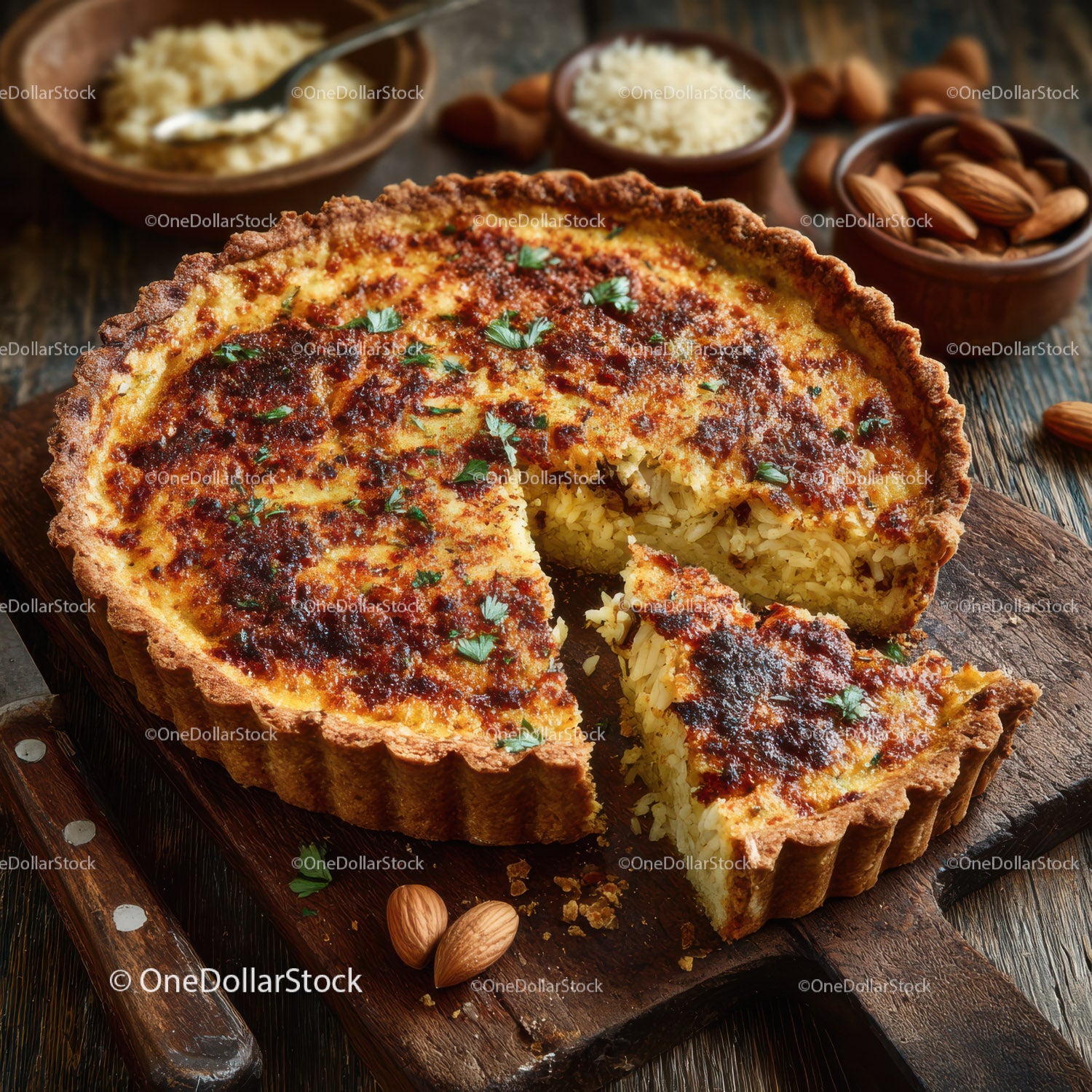 Almond Tart with Nutty Filling on Rustic Wooden Board
