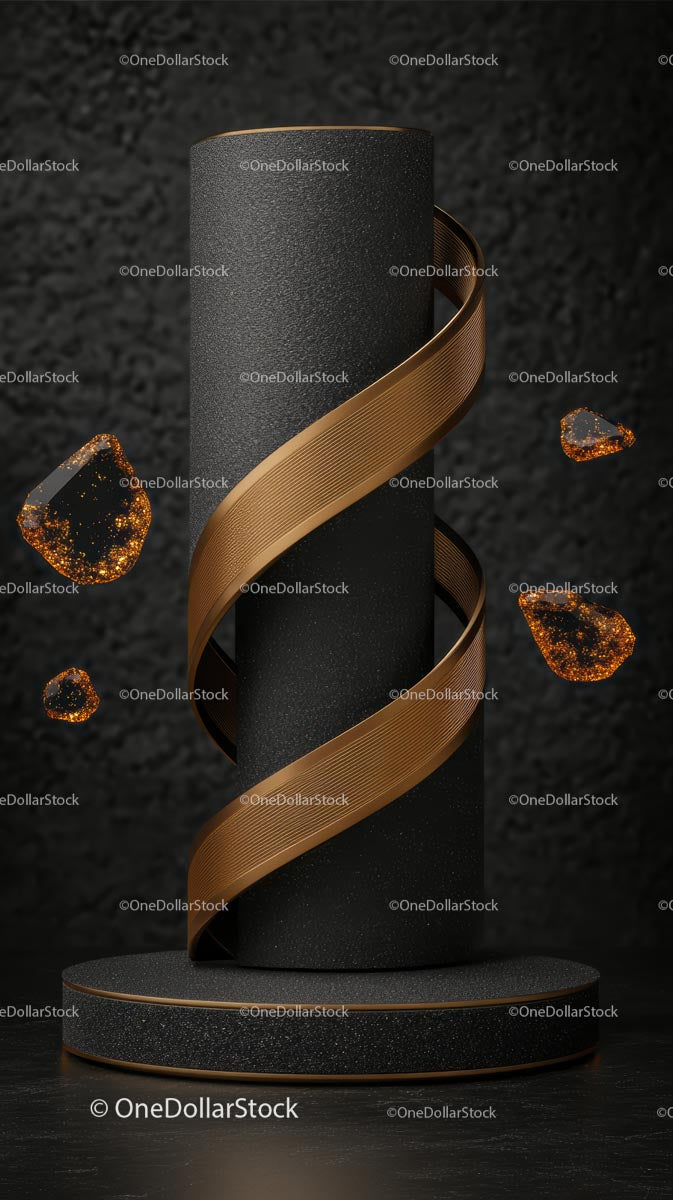 Elegancka miedziana rzeźba spiralna z błyszczącymi pomarańczowymi kamieniami szlachetnymi