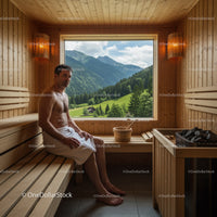Relaxing Man Sitting in Wooden Sauna with Mountain View