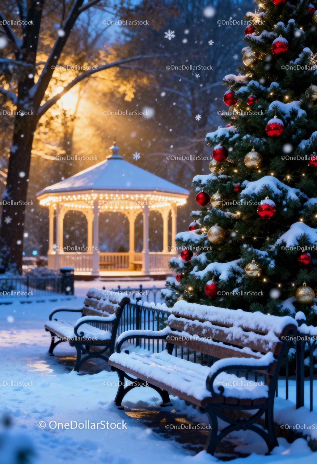 Snow-covered benches by decorated Christmas tree at dusk
