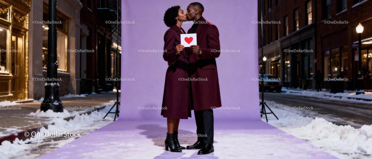 Couple Sharing Kiss Holding Heart Card in Winter Street