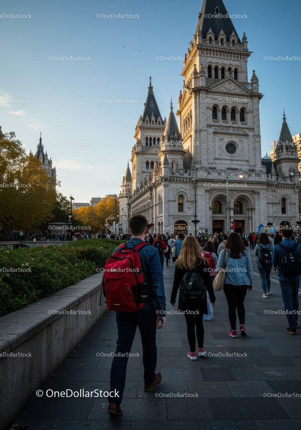 Tourists Walking in Front of Historic Castle on City Street