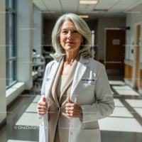 Senior Female Doctor in White Coat Standing in Hospital Corridor