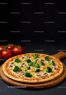 Fresh vegetable pizza with broccoli and mushrooms