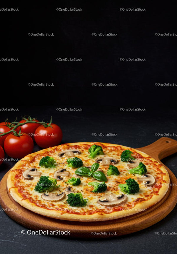 Fresh vegetable pizza with broccoli and mushrooms