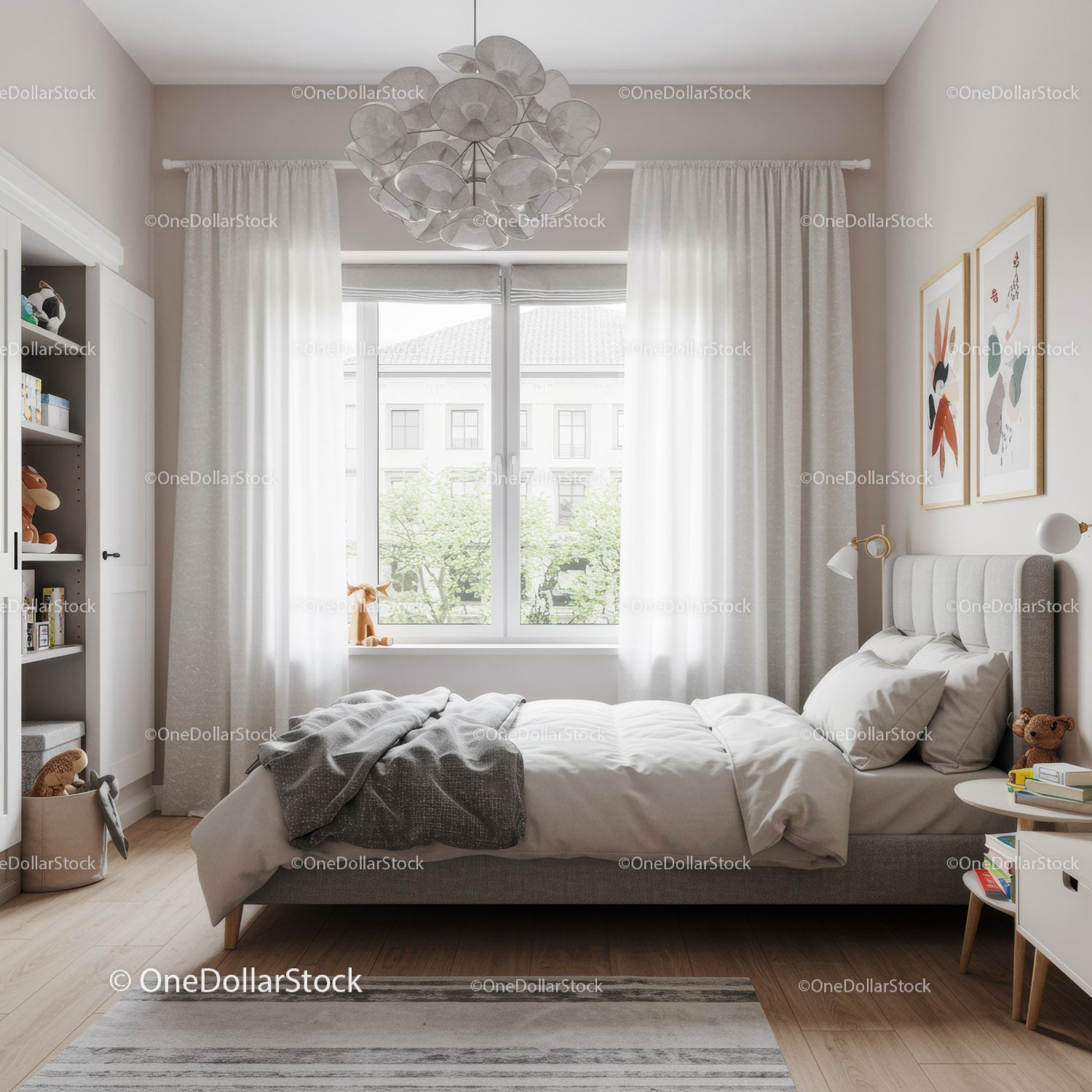Bright Modern Bedroom with White Curtains and Cozy Bed