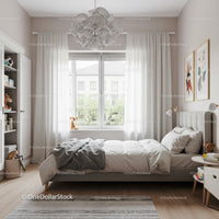 Bright Modern Bedroom with White Curtains and Cozy Bed