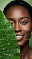 Vibrant Portrait of a Smiling Woman with Bright Blue Eyes and Green Leaf
