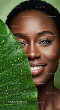 Vibrant Portrait of a Smiling Woman with Bright Blue Eyes and Green Leaf
