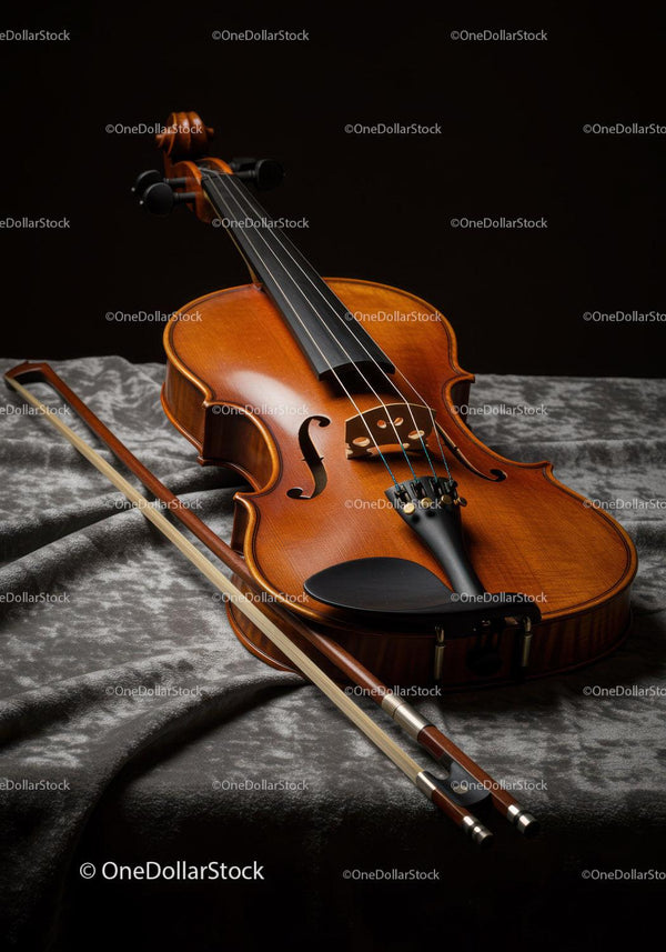 Elegant Wooden Violin with Bow on Soft Velvet Surface