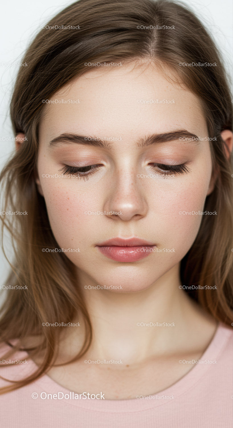 Young Woman with Natural Makeup and Calm Expression in Soft Lighting