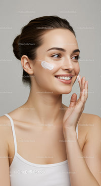 Young Woman Applying Skincare Cream on Cheek with Smile