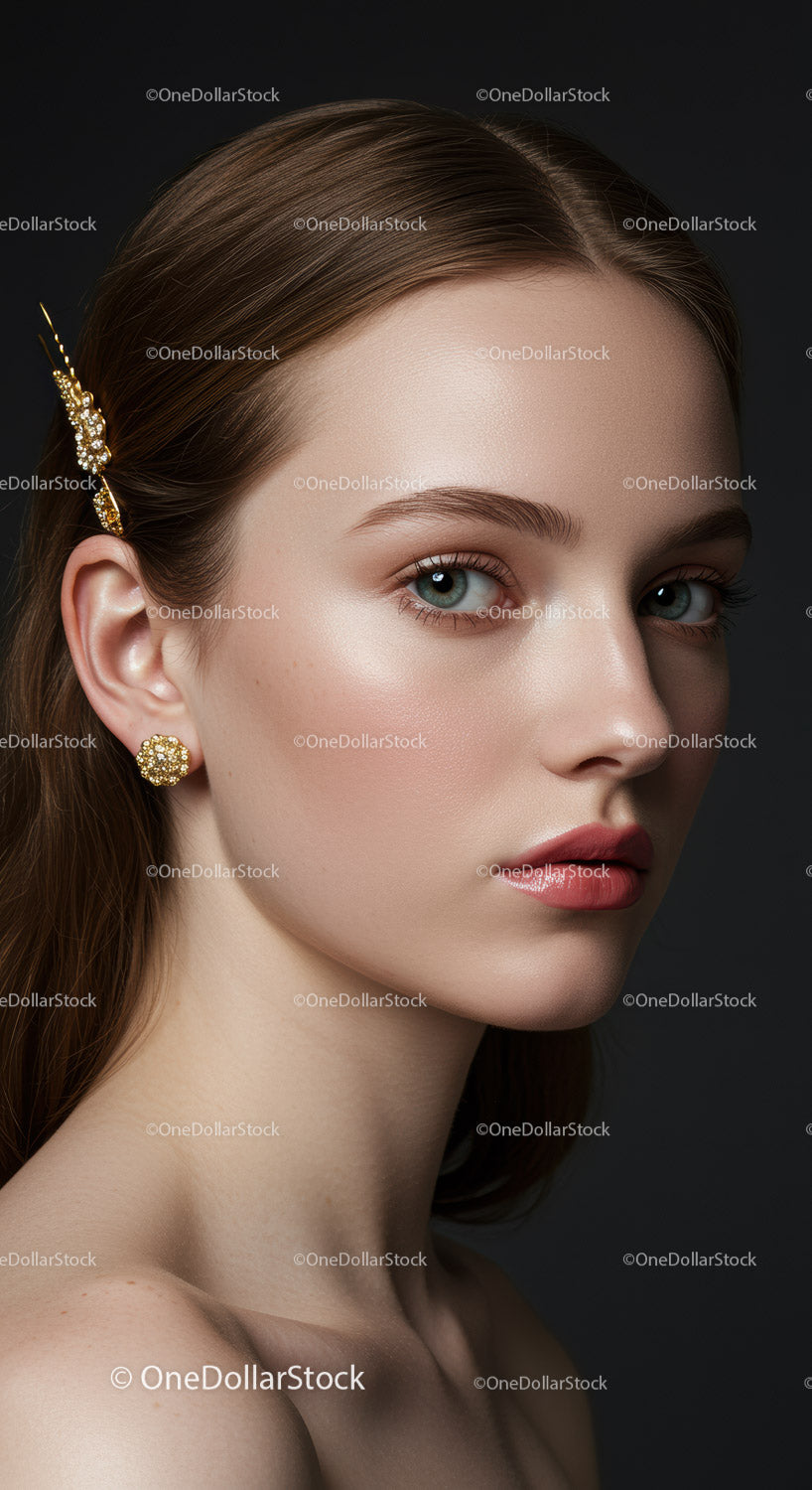 Close-Up Portrait of Elegant Woman with Jewelry and Flawless Skin