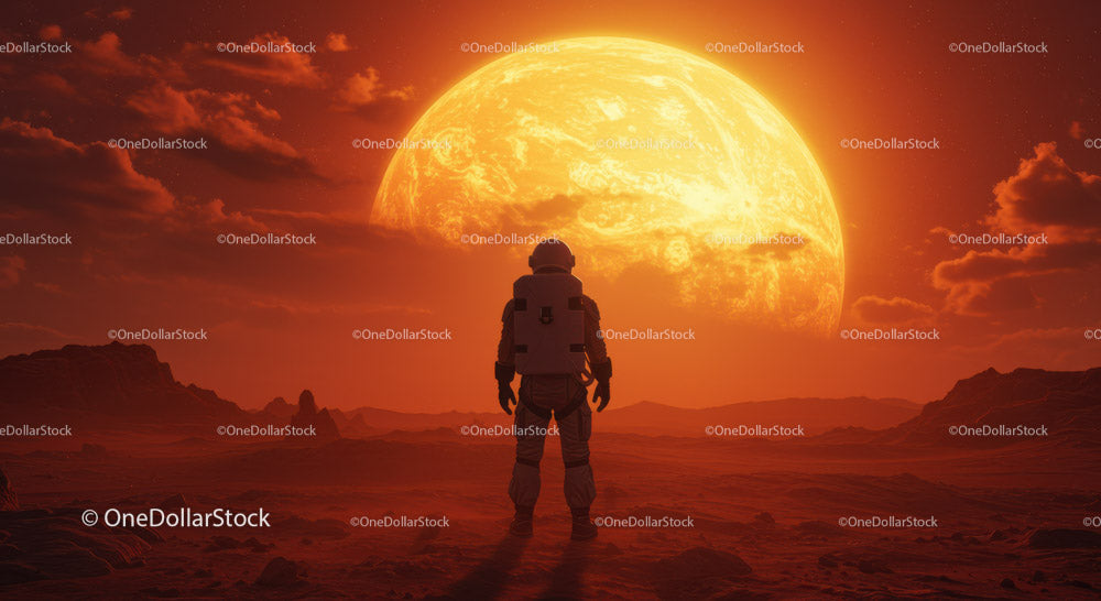 Astronauta badający krajobraz obcej czerwonej planety pod zachodzącym słońcem