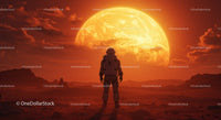 Astronaut Exploring Alien Red Planet Landscape Under Sunset Sky