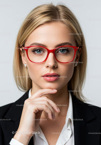 Confident Woman Wearing Stylish Red Glasses and Business Attire