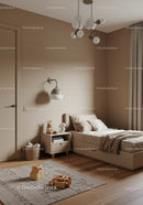 Minimalist Beige Bedroom with Cozy Bed and Wooden Toys