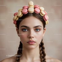 Young woman with pastel macarons crown and braids