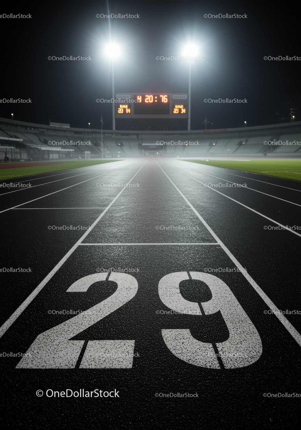 Empty Nighttime Running Track with Stadium Lights