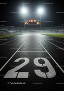Empty Nighttime Running Track with Stadium Lights