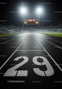 Empty Nighttime Running Track with Stadium Lights