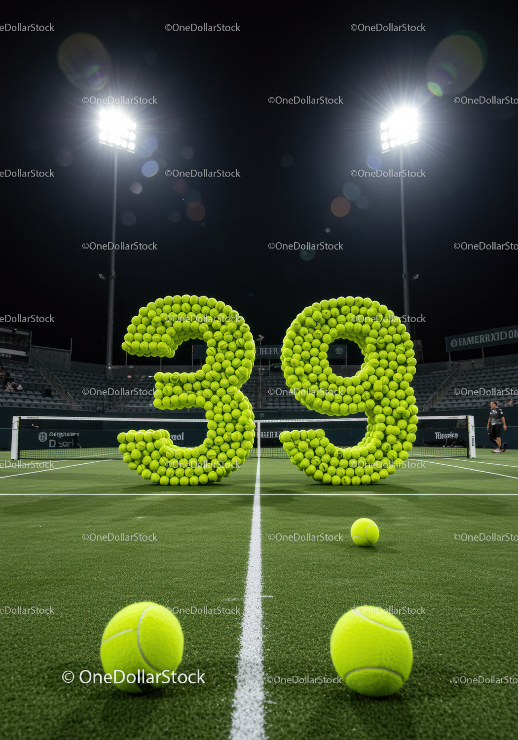 Tennis balls forming number thirty nine on court at night