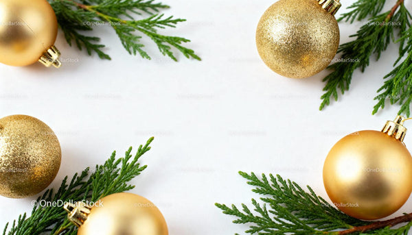 Golden Christmas Ornaments with Green Pine Branches