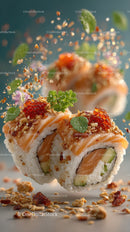 Fresh Salmon and Cucumber Sushi Rolls with Herb Garnish