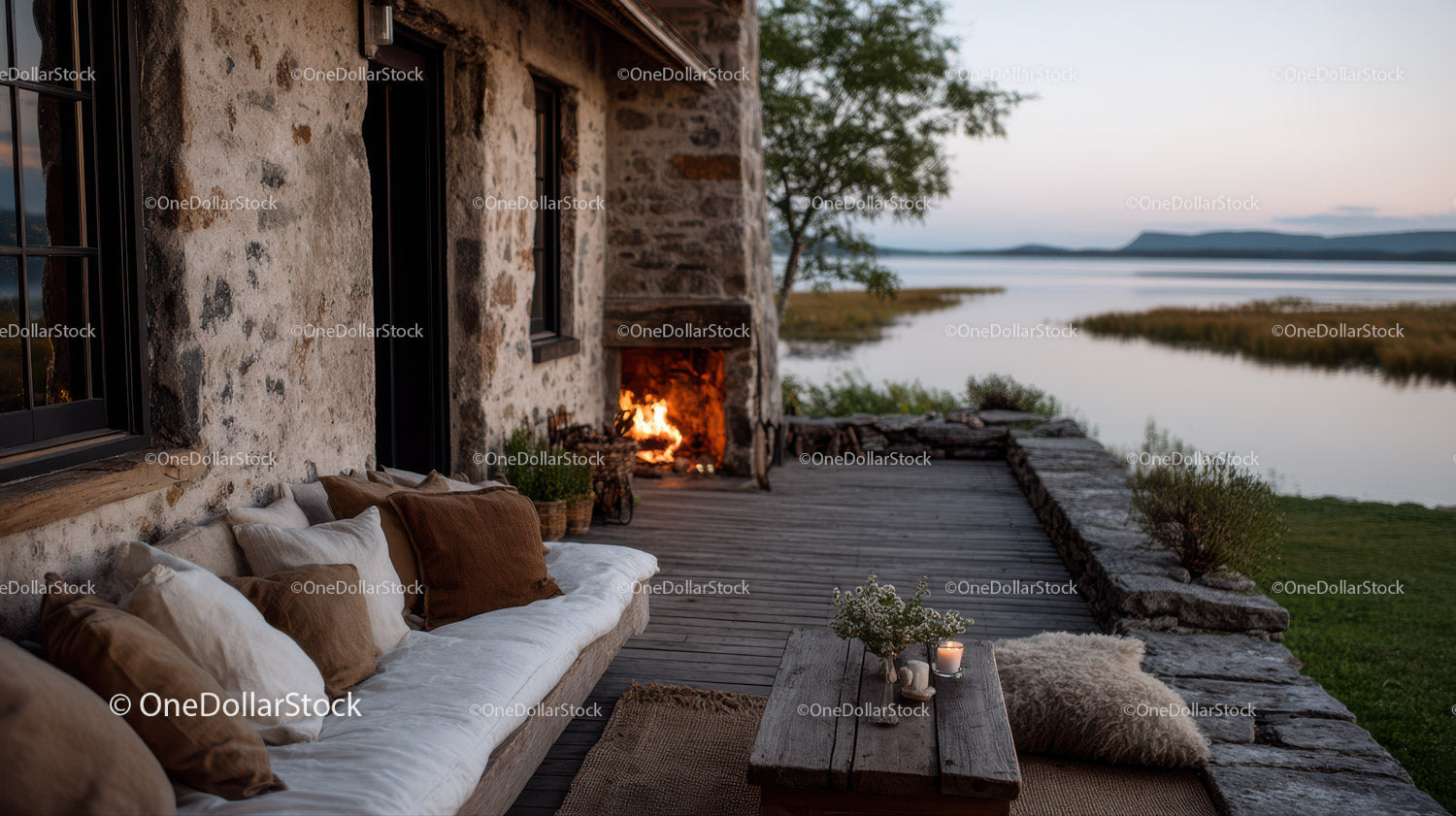 Rustic lakeside outdoor patio with cozy seating and warm fire