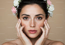 Beautiful Freckled Woman with Brown Eyes and Floral Headpiece