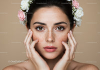Beautiful Freckled Woman with Brown Eyes and Floral Headpiece