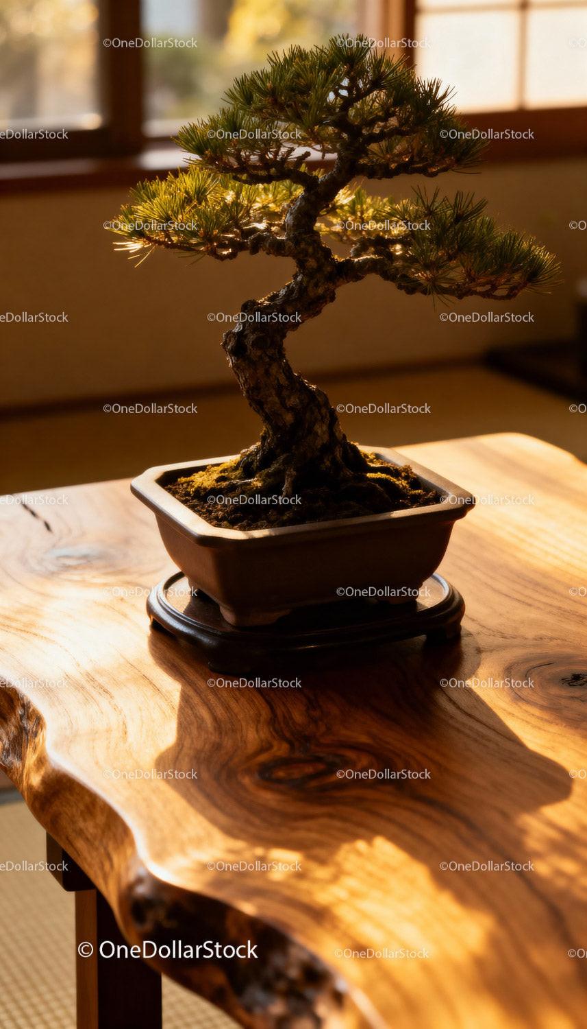 Shaped Bonsai Tree Illuminated by Soft Indoor Light