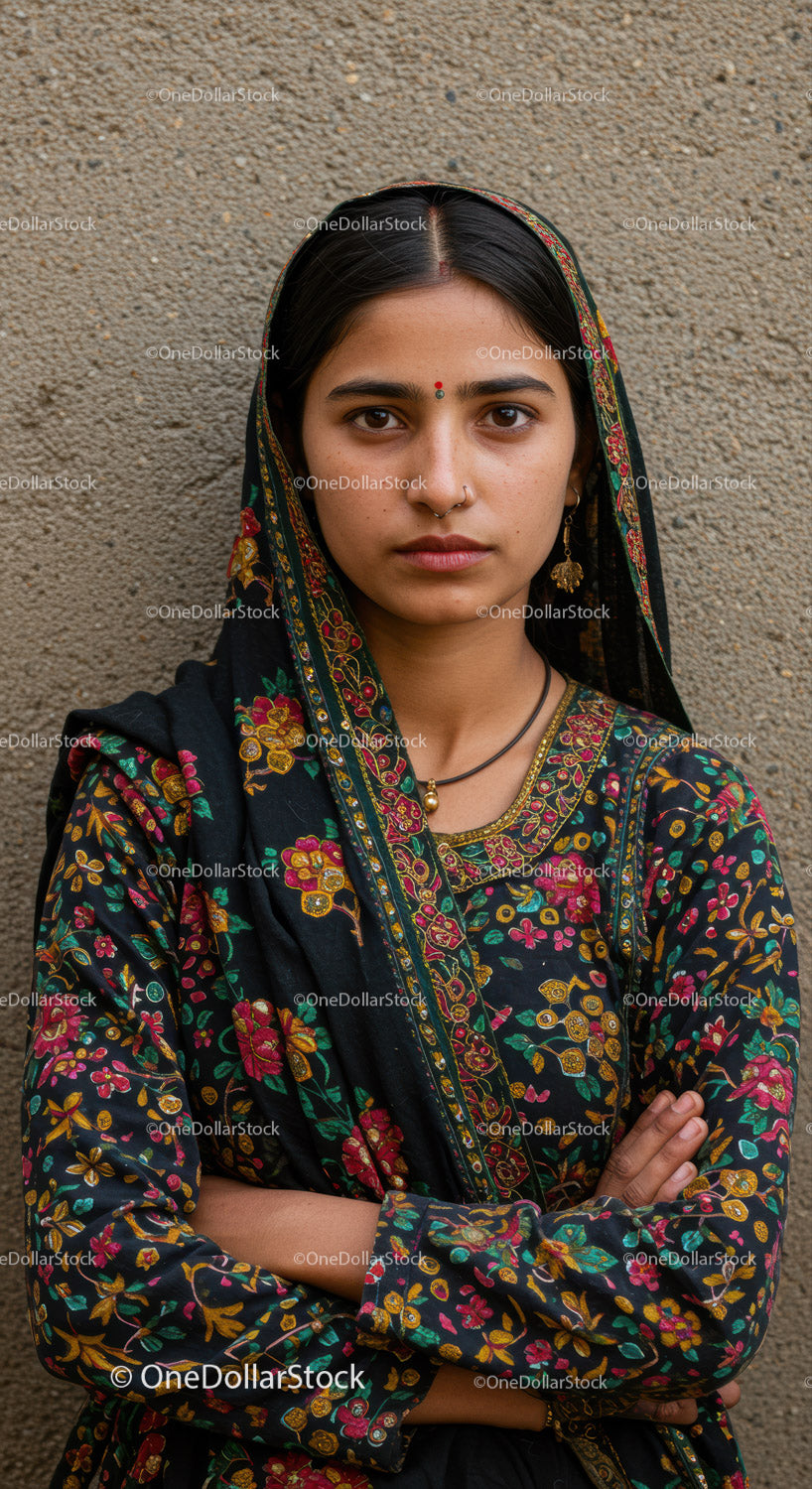 Young woman in vibrant traditional Indian floral attire with jewelry