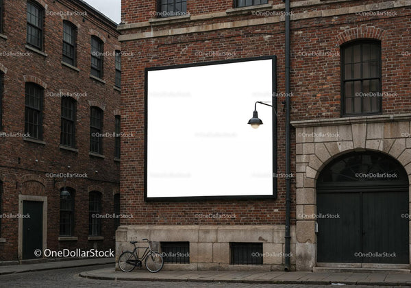Empty square billboard on red brick building facade JPG Mockup Image