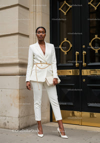 Confident woman in elegant white suit outdoors